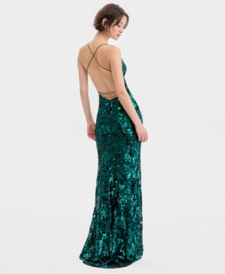 Juniors' V-Neck Strappy Sequin Mermaid Gown 