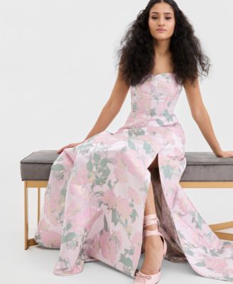 Juniors' Jacquard Lace-Up-Back Gown