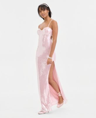 Juniors' Sequin Sweetheart Open-Back Gown
