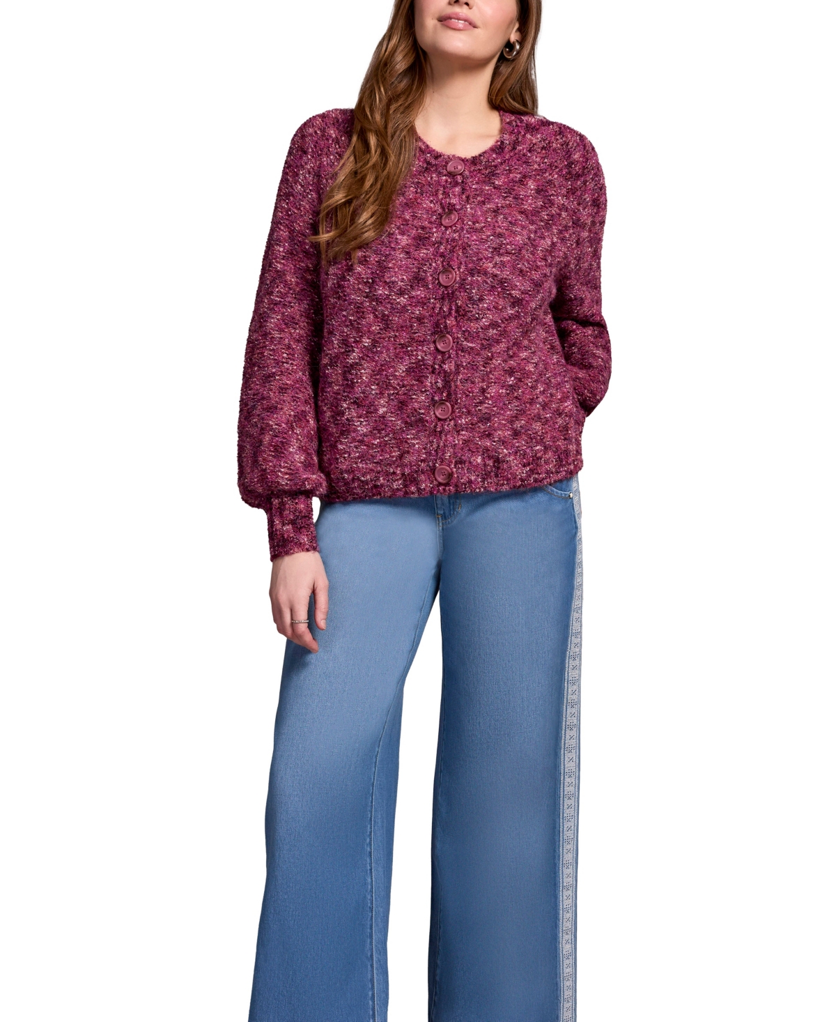 Tribal Women's Button-Front Crew Neck Cardigan Sweater