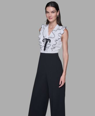 Women's Ruffle V-Neck with Contrast Bow Jumpsuit