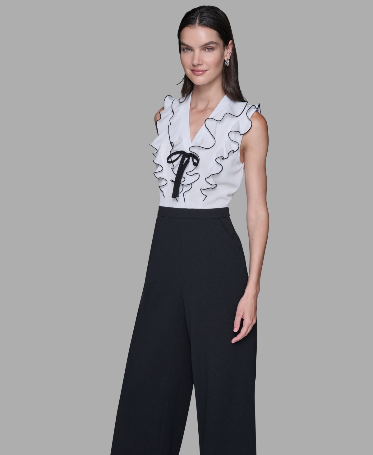 Karl Lagerfeld Women's Ruffle V-neck With Contrast Bow Jumpsuit In Multi