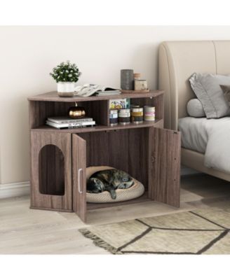 3-Tier Modern Corner Cat Litter Box Enclosure w/ Storage Shelves Double Doors