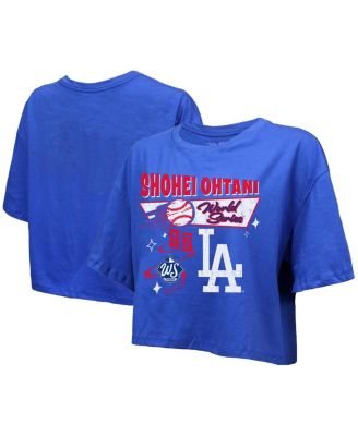 Majestic Threads - Women's Shohei Ohtani Royal Los Angeles Dodgers 2025 World Series Name Number Boxy Cropped T-Shirt