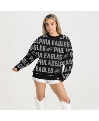 Women's Black Philadelphia Eagles Oversized Hype Era Rhinestone Text Sweatshirt
