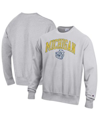 Champion - Men's Gray Michigan Wolverines Distressed Arch Over Logo Reverse Weave Crew Neck Sweatshirt
