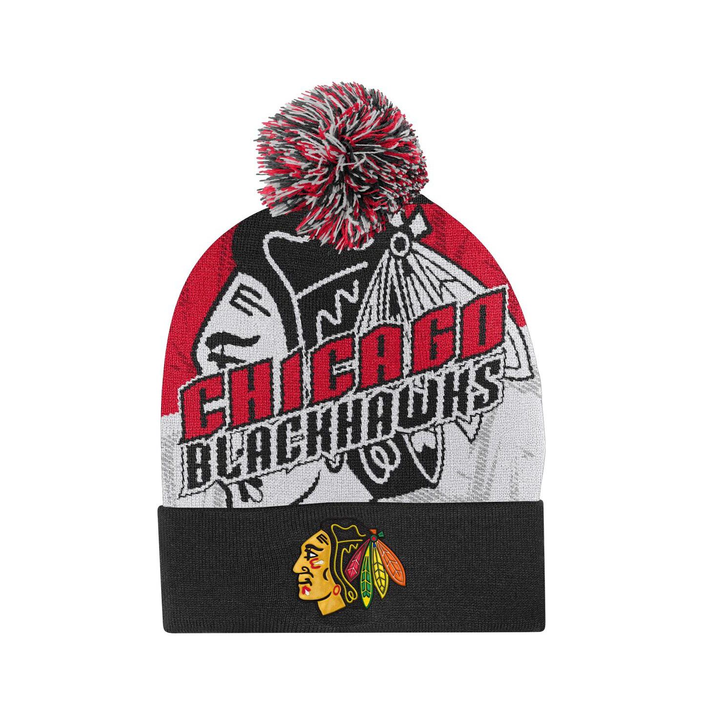 Детская шапка Outerstuff Red Chicago Blackhawks New Edge Cuffed with Pom Knit Hat — фото 1