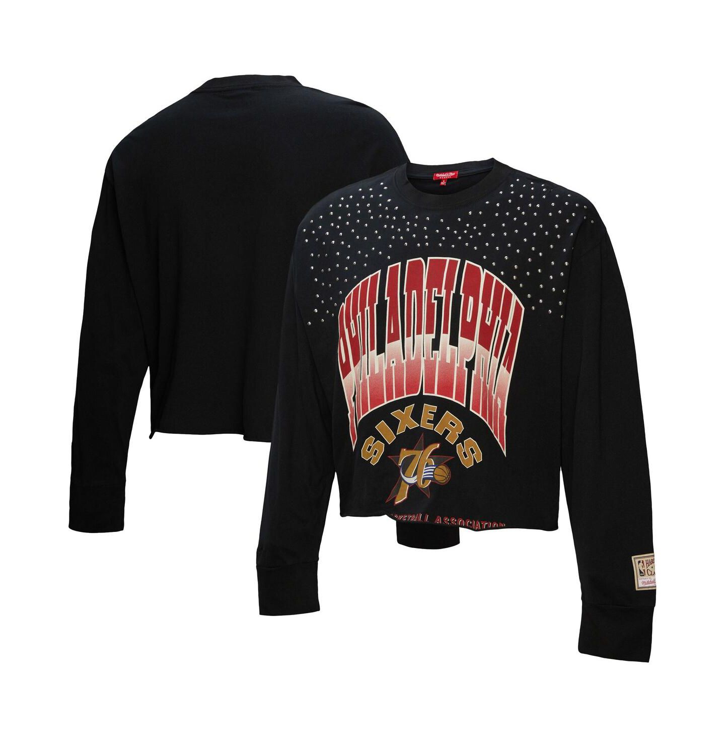 Женская футболка Mitchell & Ness Black Philadelphia 76ers Hardwood Classics Studded Boxy Cropped Long Sleeve — фото 1