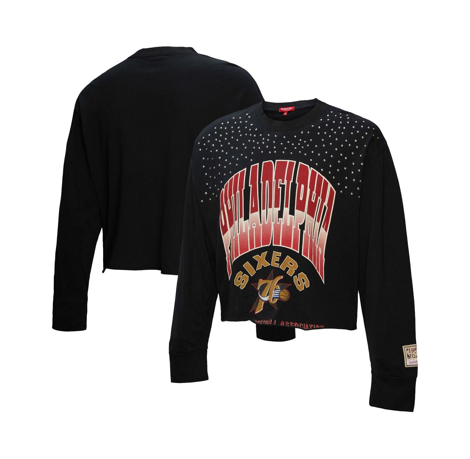Women's Black Philadelphia 76ers Hardwood Classics Studded Boxy Cropped Long Sleeve T-Shirt