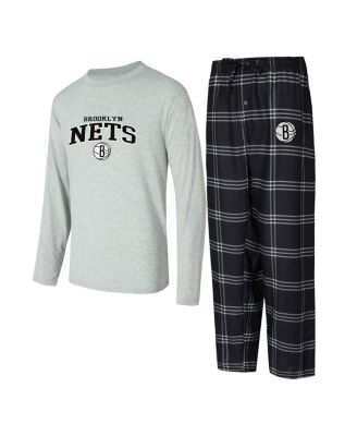 Concepts Sport - Men's Black/Gray Brooklyn Nets Petition Long Sleeve Top and Plaid Pant Set