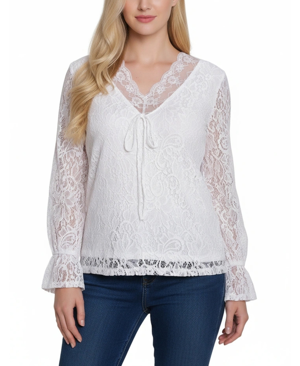 Ny Collection Women's Long Bell Sleeve Lace Top In White
