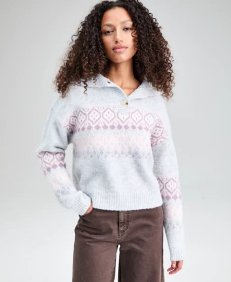 Petite Fair Isle Long-Sleeve Sweater - Gray/Pink Combo