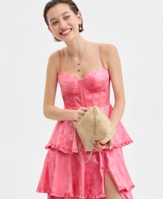 Juniors' Sweetheart-Neck Tiered Slit-Front Gown