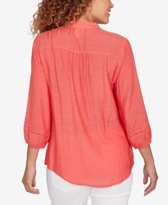 Petite Solid Silky Slub Pleated Button Front Top