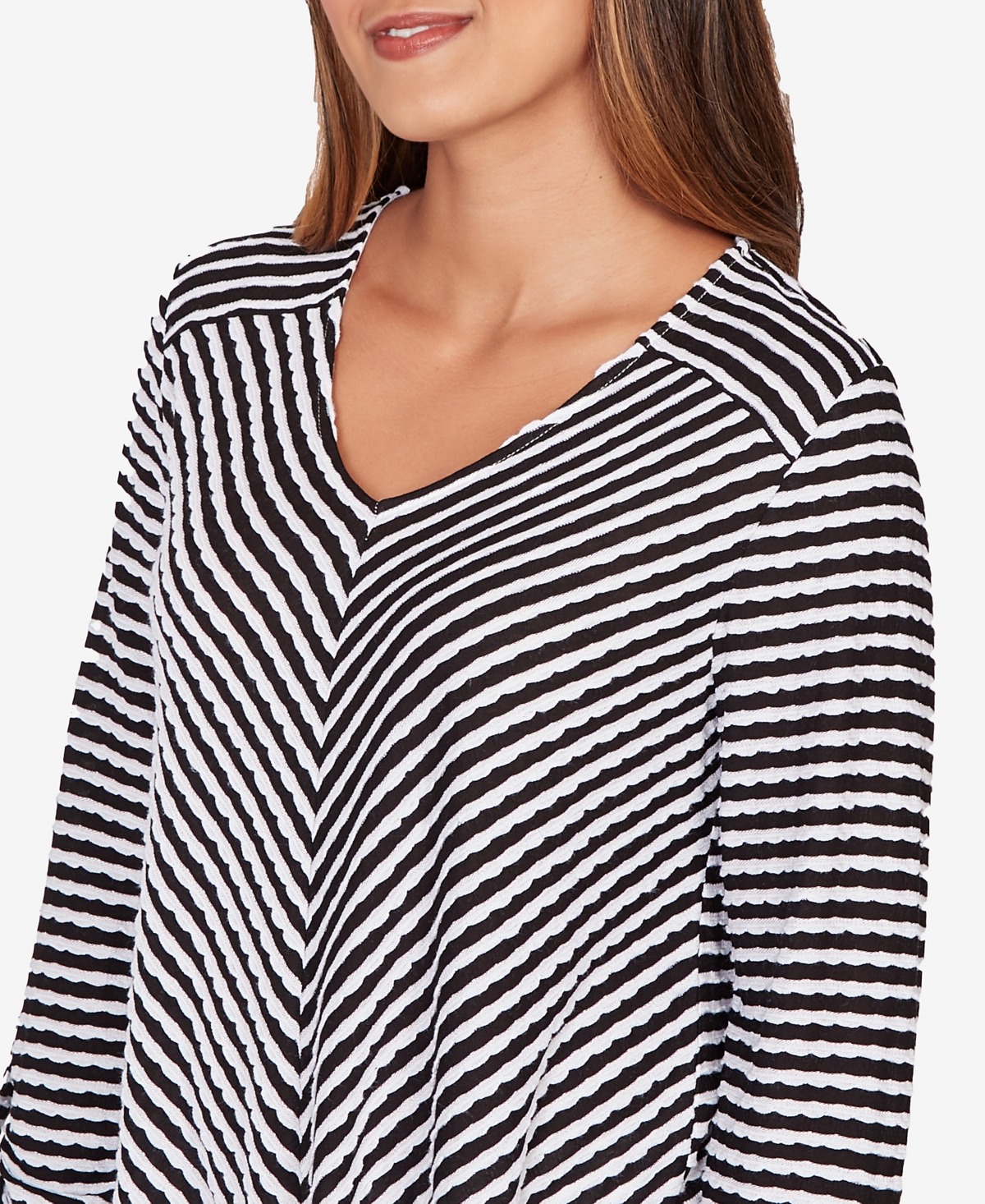 Ruby Rd. Petite Mitered Scallop Stripe Tunic Top In Brown
