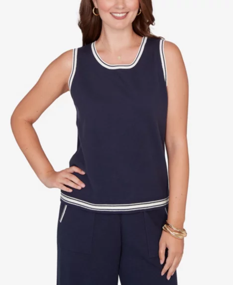 Petite Tipped Trim Sweater Tank Top - Navy