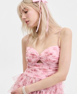 Juniors' Sweetheart-Neck Ruffle-Skirt Mesh Gown