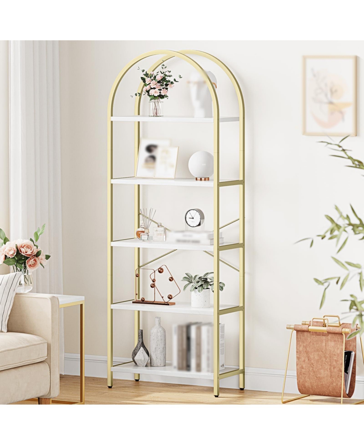gaomon Arched Bookshelf, 5-Tier Open Bookshelf, Modern Bookcase Storage Shelves with Metal Frame