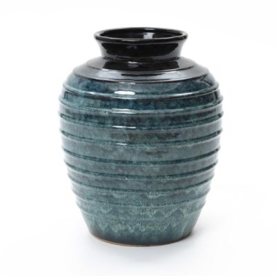 Rippled Blue with Brown 15.75-Inch Tall Round Ceramic Vase, Decorative Home Accent