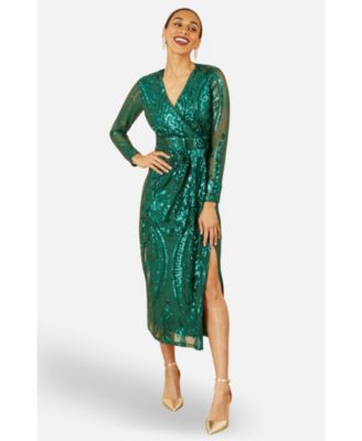 Women's Sequin Midi Long Sleeve Wrap Dress