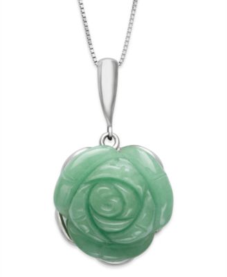 Jade Carved Flower Pendant Necklace in Sterling Silver