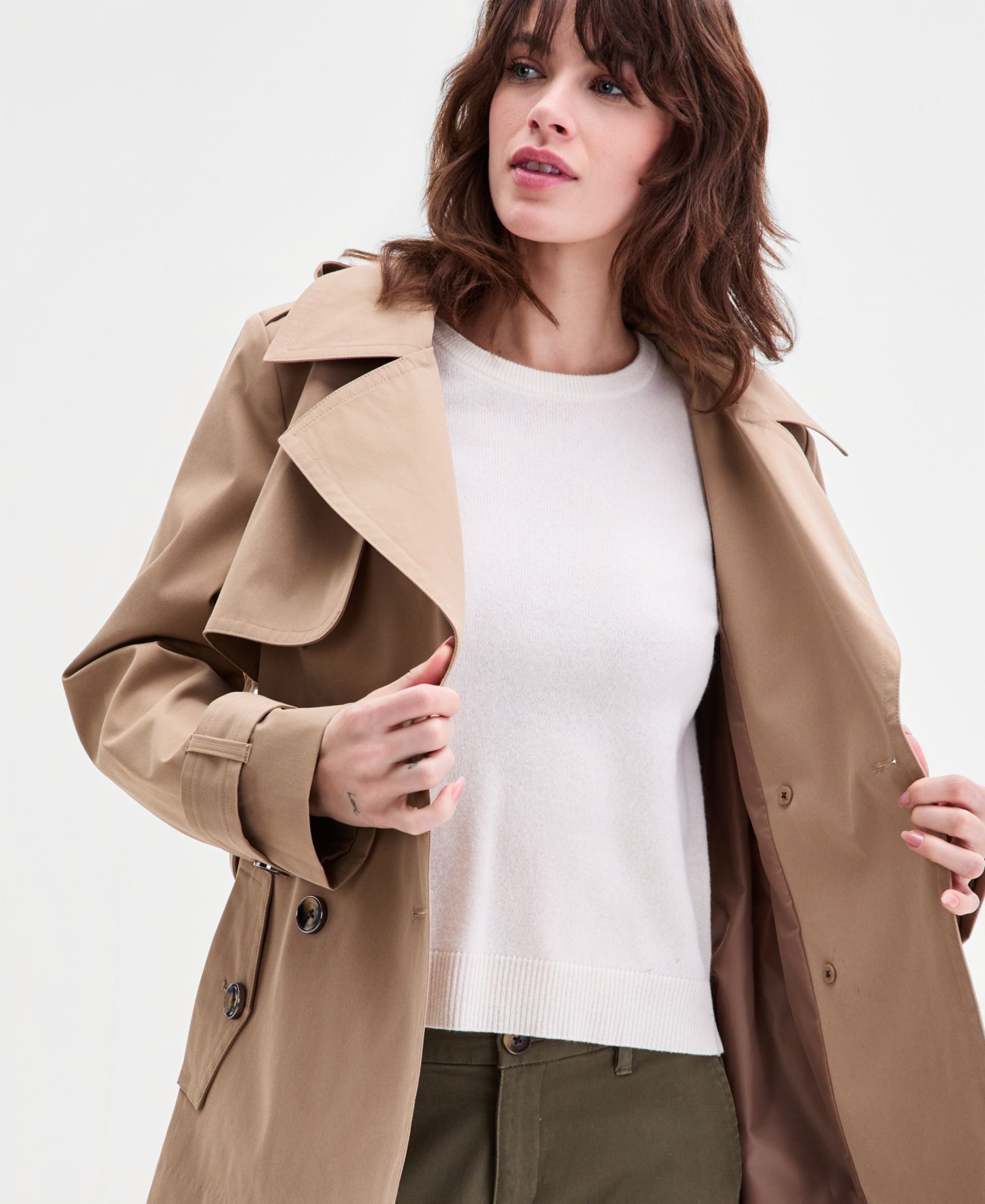 Женское пальто London Fog Short Double-Breasted Belted Trench, цвет: Хаки — фото 4