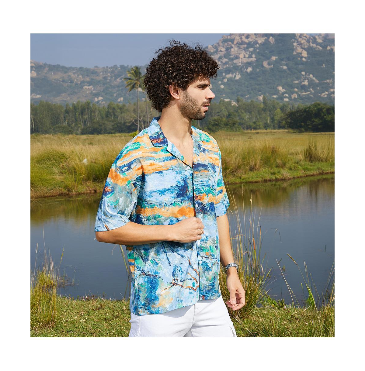 Campus Sutra Men's Sky Blue & Pumkin Orange Indie-Block Oversized Shirt