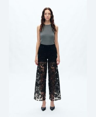 Plus Size High-Rise Embroidered Lace Rhinestone Wide-Leg Jeans