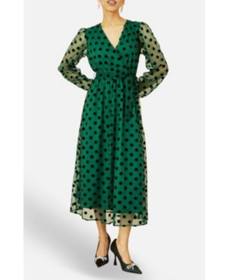 Women's Spot Mesh Wrap Midi Skater Dress