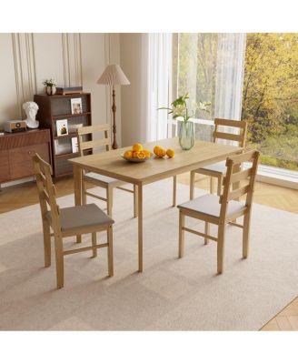 5-Piece Solid Wood Dining Table Set with 4 Upholstered Chairs, Natural Finish Kitchen Table and Chair Set for Dining Room