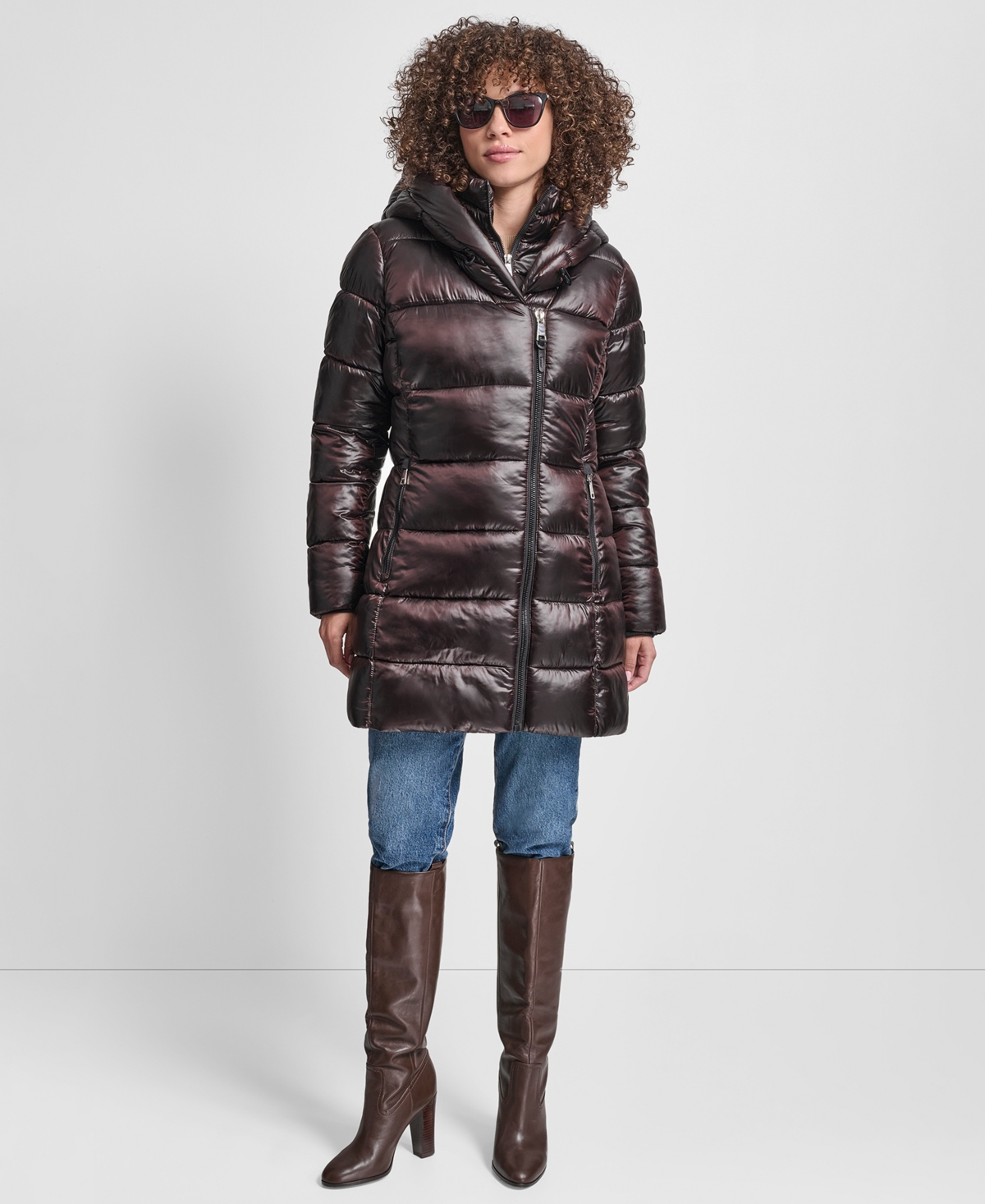Dkny Asymmetric Bib Packable Quilted Coat In Burgundy