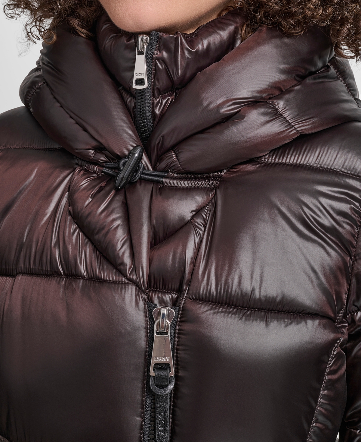 Dkny Asymmetric Bib Packable Quilted Coat In Burgundy