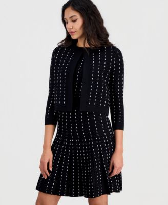 Women's Pinstripe Pleated Sweater Dress & Pinstripe Open-Front 3/4-Sleeve Cardigan