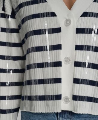 Women's Striped Sequin & Stripe V-Neck Boxy Cropped Long-Sleeve Cardigan Sweater