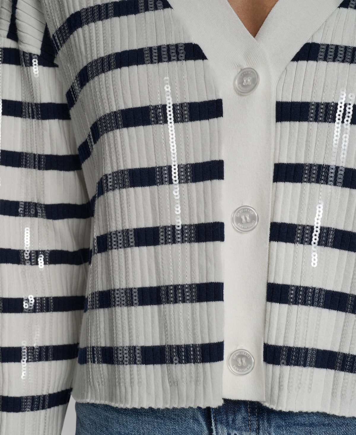 Dkny Jeans Women's Striped Cropped Long-sleeve Cardigan Sweater In Multi