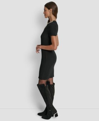 Women's Short-Sleeve Embellished Neck Short Dress