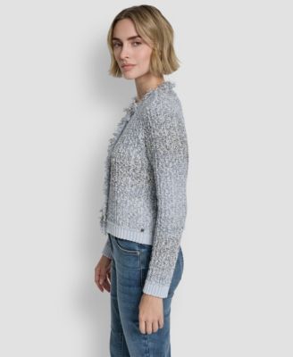 Women's Long-Sleeve Tweed Fringe Trimmed Sweater Jacket