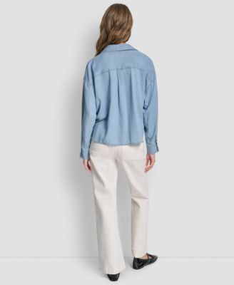 Women's Long-Sleeve Button Front Shirt With Twist Hem