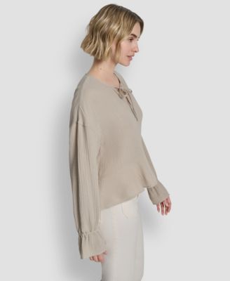 Women's Long-Sleeve Double Crepe Gauze Tie Neck Crop Top