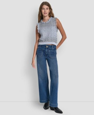 Women's Sleeveless Tweed Fringe Trimmed Sweater