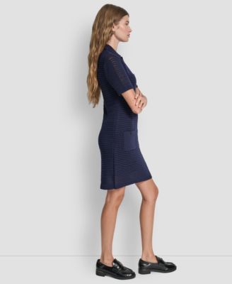 Women's Short Sleeve Polo Collar Faux Crochet Stitch Short Dress