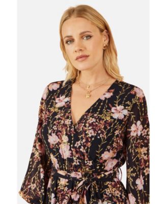 Women's Foiled Floral Print Wrap Midi Dress