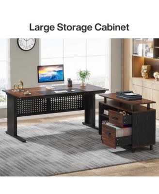 63 Inch Executive Desk with File Cabinet, Large Office Desk L Shaped Computer Desk