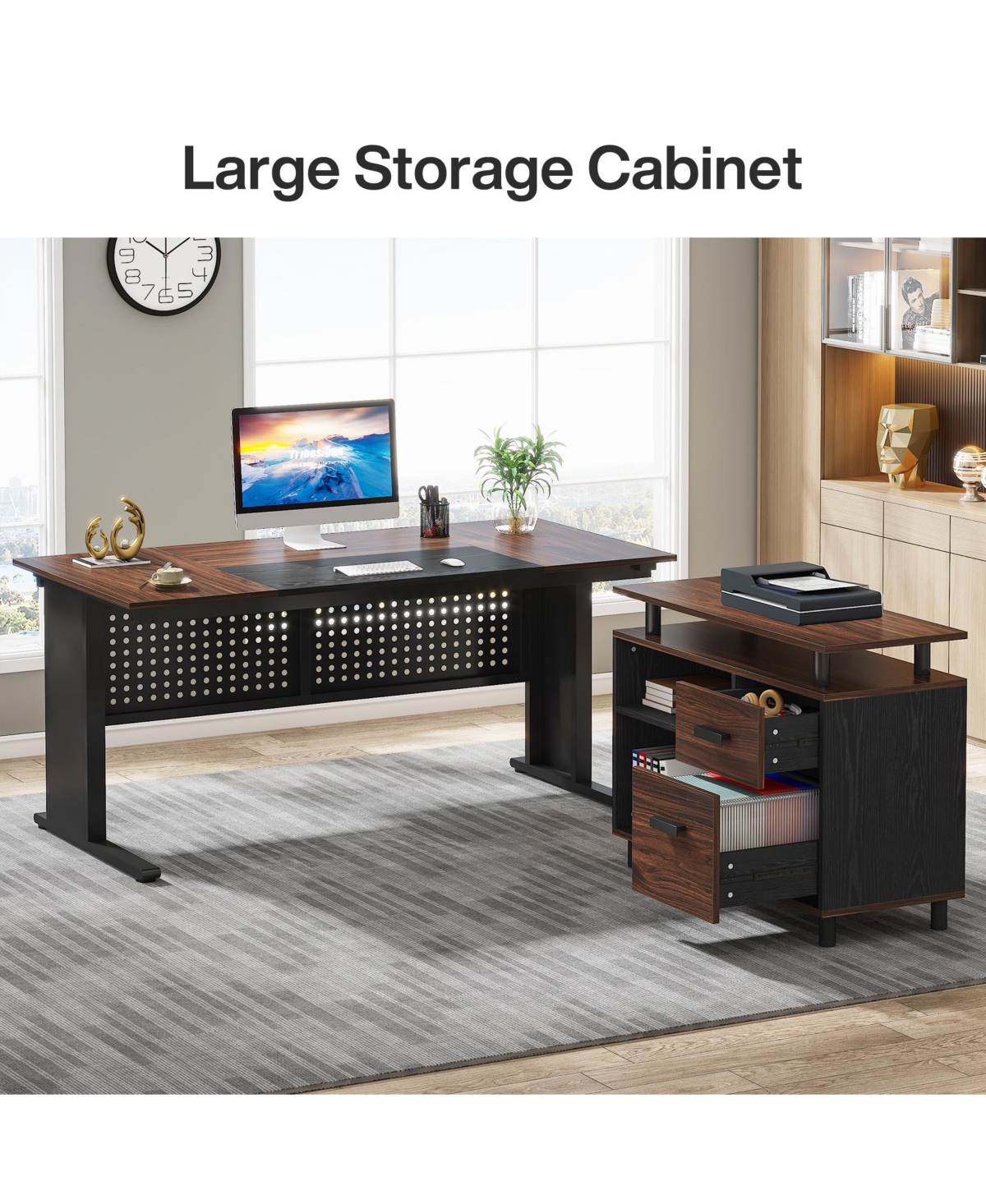 Tribesigns 63 Inch Executive Desk with File Cabinet, Large Office Desk L Shaped Computer Desk