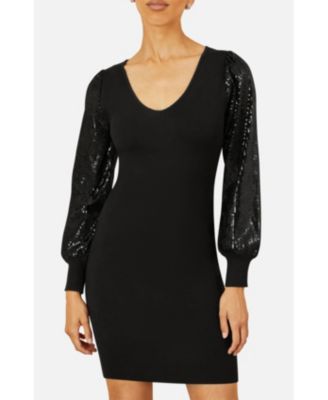 Women's Knitted Fitted Dress With Sequin Sleeves