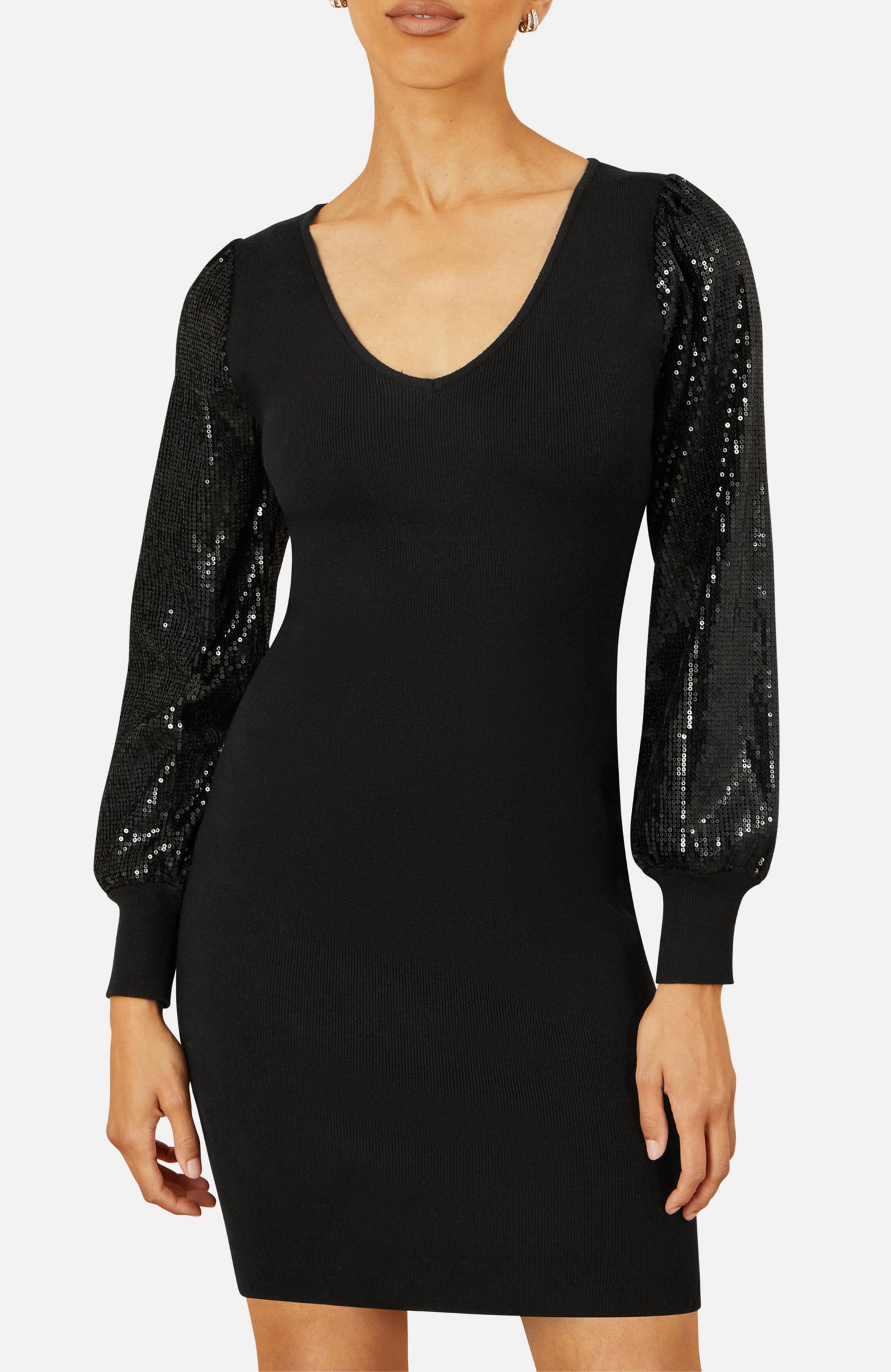 Женское платье Yumi Knitted Fitted Dress With Sequin Sleeves, цвет: Чёрный — фото 8