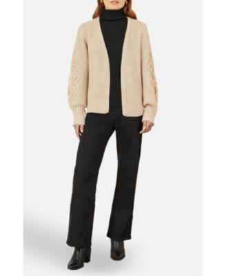 Women's Floral Sleeve Chunky Knit Open Front Long Cardigan Sweater