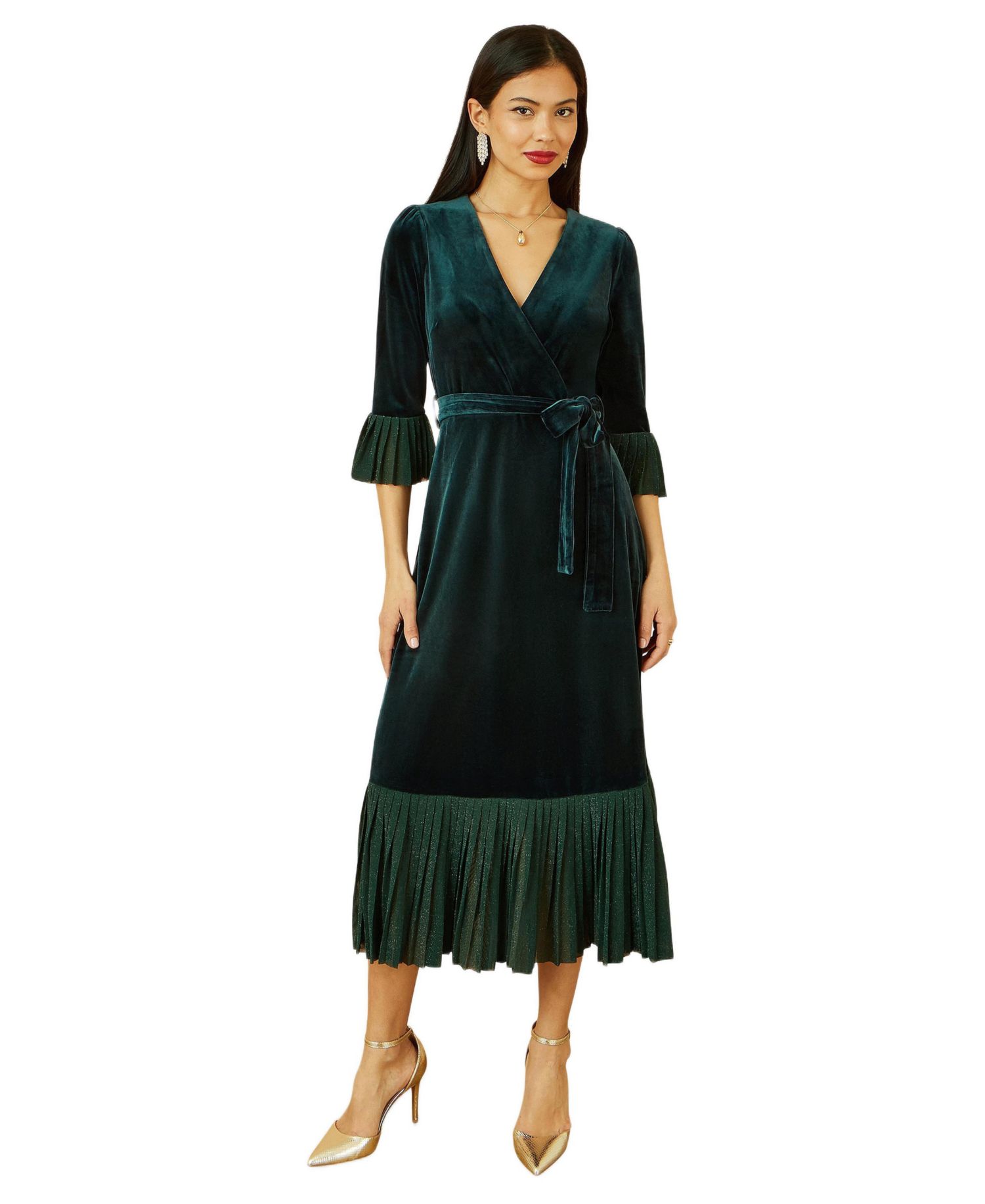 Women's Velvet Midi Pleat Detail Wrap Dress