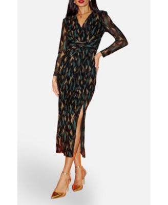 Women's Metallic Sparkle Mesh Wrap Midi Dress