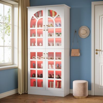 68.94" Tall Shoe Cabinet with Doors and Led Lights, 8-Tier Wooden Shoe Rack Organizer with Adjustable Shelves